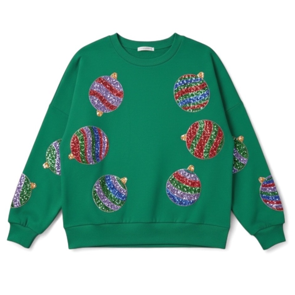 PEACH LOVE California OVERSIZE GREEN CHRISTMAS SWEATSHIRT TOP Sequin Ornaments L